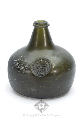 Armorial Sealed Black Glass Wine Bottle, Similar in form to AG plate 9 and ASB pg. 1357