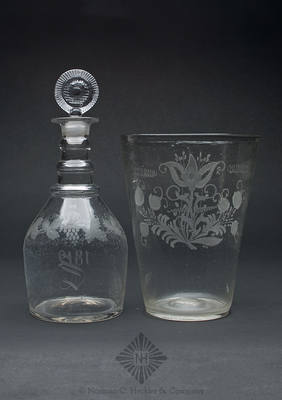 Two Stiegel Type Engraved Glass Items, McK plate 48, #3, Type 23 stopper and McK plate 22, #2