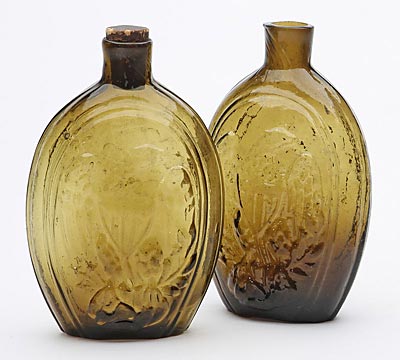 Two Eagle - Cornucopia Historical Flasks; shades of olive amber, pontils, pints, GII-72.
